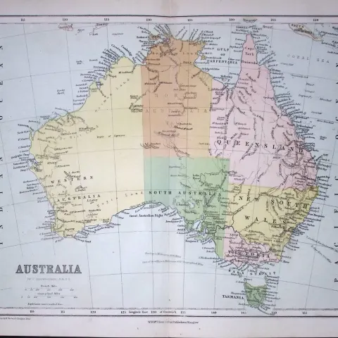 Australia & Tasmania Large Coloured Detailed 155 Years-Old Map-C-TR