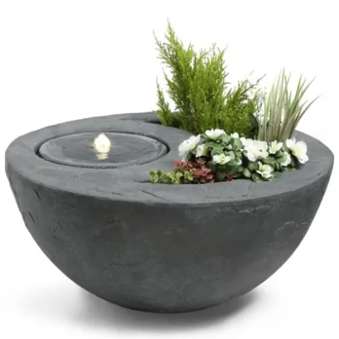 Outdoor Garden Dual Bowl Planter and Water Fountain with LED Light Grey (Ex-Display) L18c sku-2541