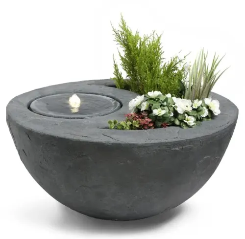 Outdoor Garden Dual Bowl Planter and Water Fountain with LED Light Grey (Ex-Display) L18c sku-2541