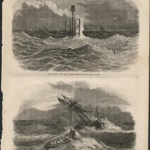 Rhyl Life Boat Saving Boat Crew at Abergele 1857 Antique Print