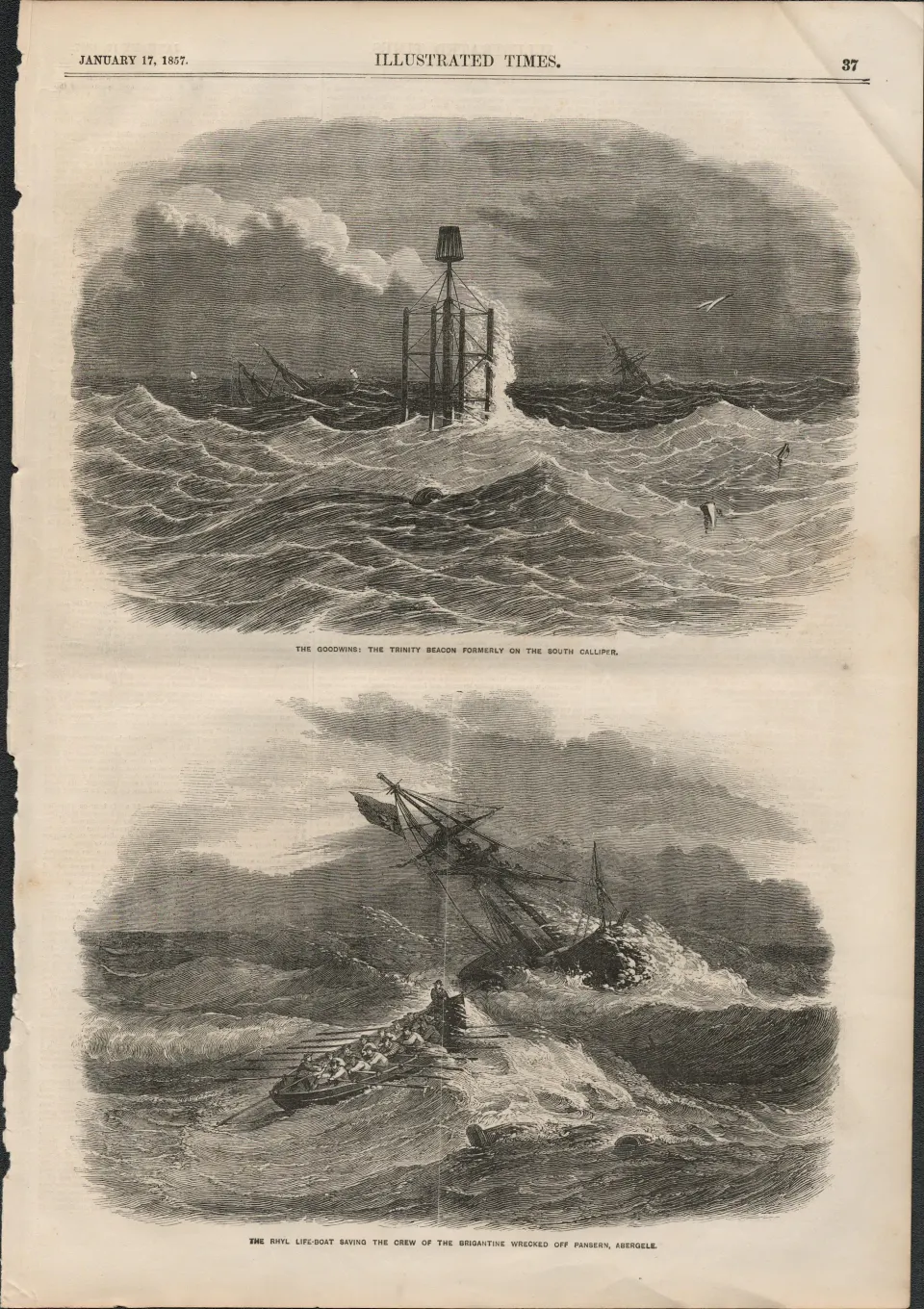 Rhyl Life Boat Saving Boat Crew at Abergele 1857 Antique Print