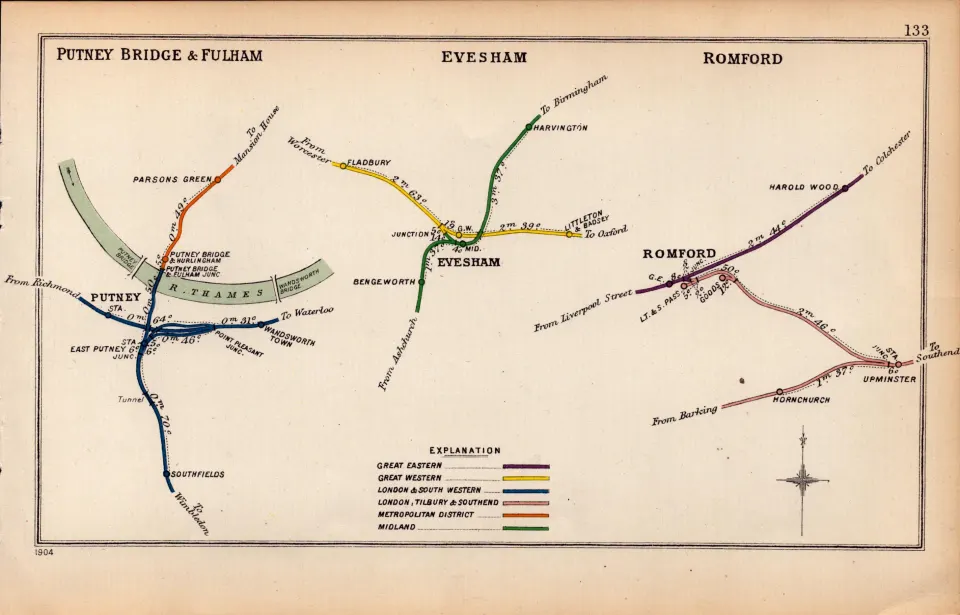 Putney Bridge & Fulham London  Antique Railway Diagram-133.