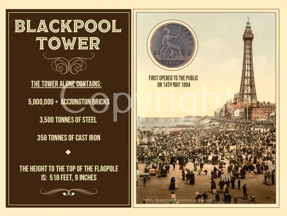 Blackpool Tower Original 130 Years-Old Penny Coin Metal Display