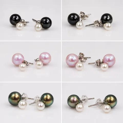 Three Pairs of Pearl-Style Stud Earrings – Black, Pink & Green