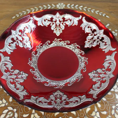 Large Ruby Flashed Glass Bowl with Ornate Silver Overlay