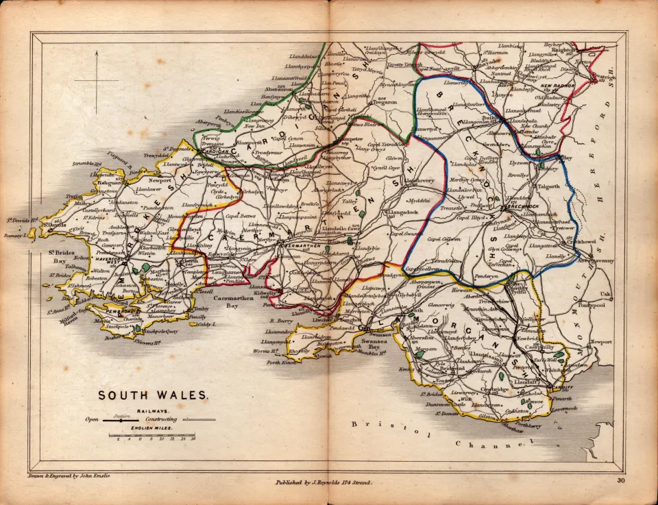 Antique Railway Map of South Wales Drawn & Engraved by John Emslie.