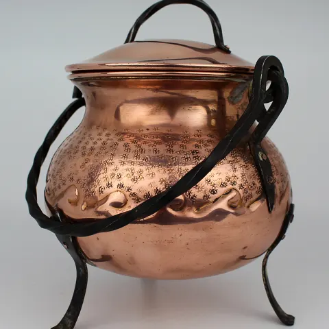 Antique French Copper & Wrought Iron Lidded Footed Pot