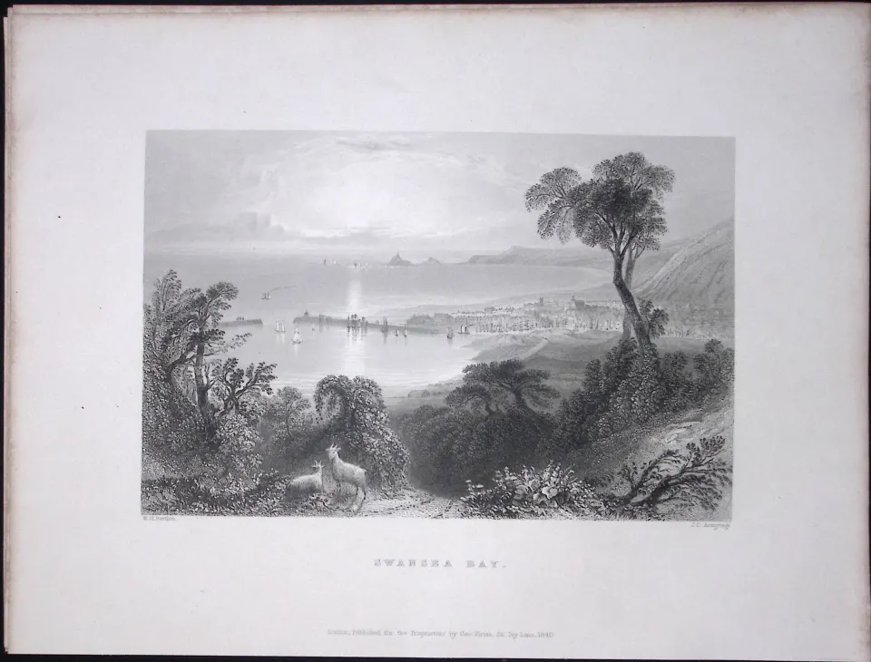 View of Swansea Bay Wales WH Bartlett 1842 Antique Steel Engraving-109