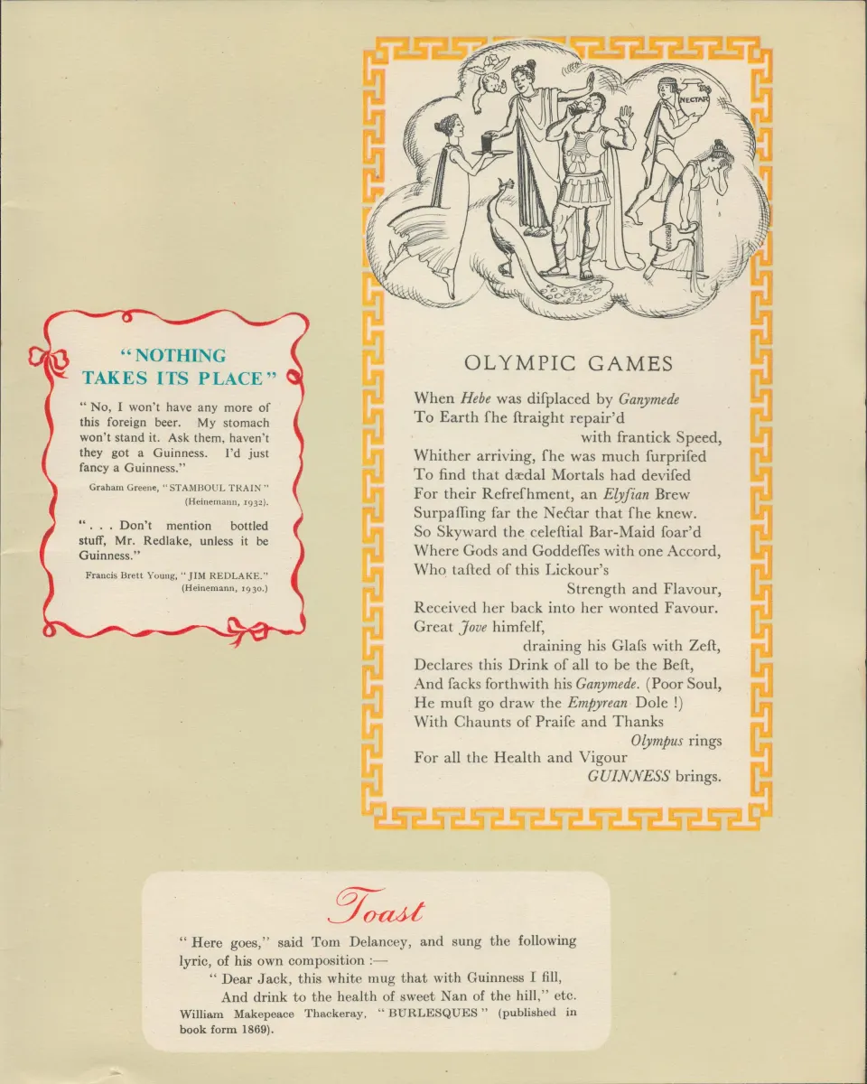 Double Sided Guinness Print 1937 "Olympics & Horn Of Plenty"A Genuine Double Sided Lithographed