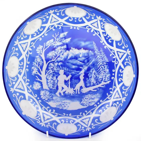 Blue Bohemian Overlay Cut Crystal Charger