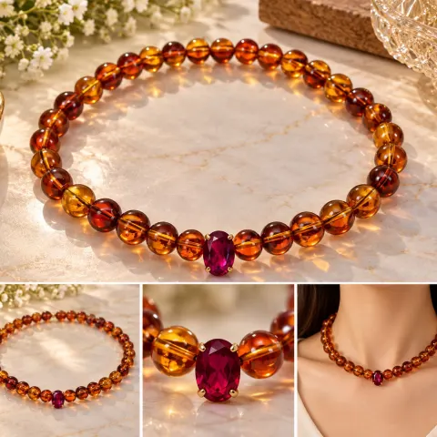 Cognac Colour Bead Necklace with Oval Red Gemstone Centrepiece