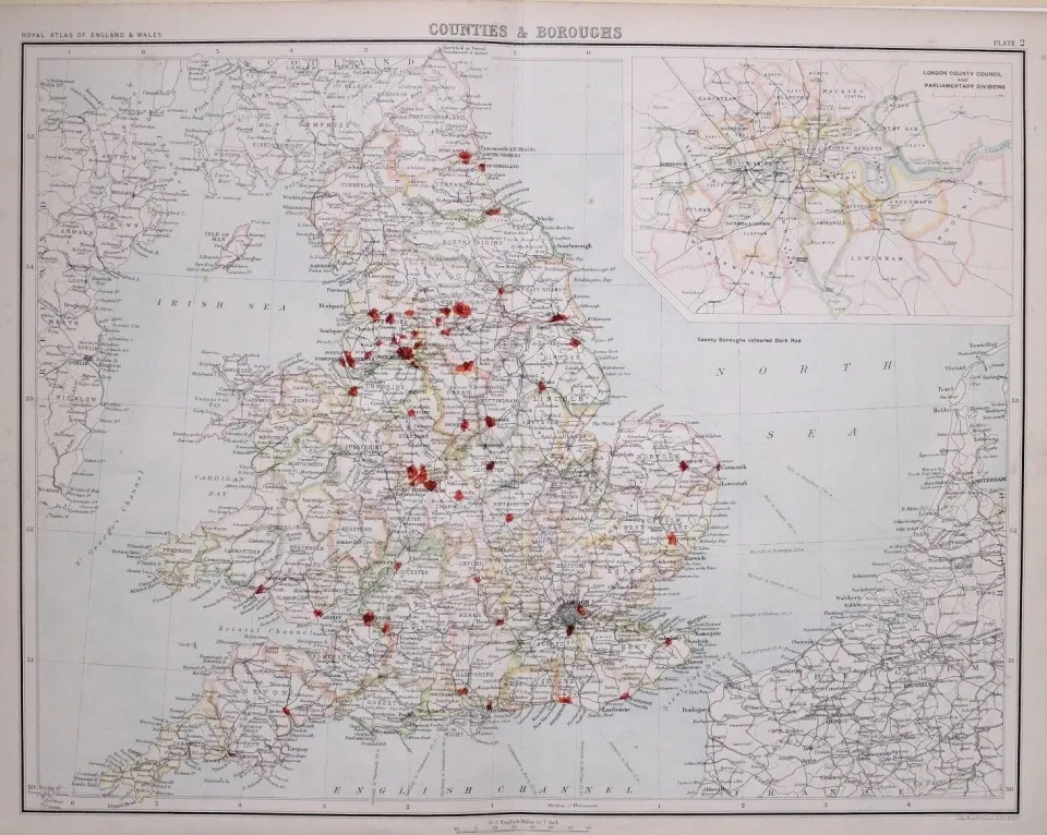 Victorian Antique 1897 Map Counties & Boroughs England & Wales.