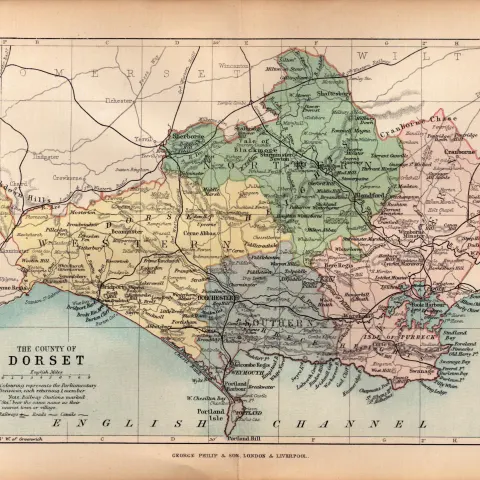 County of Dorsetshire 1895 Antique Victorian Coloured Map.