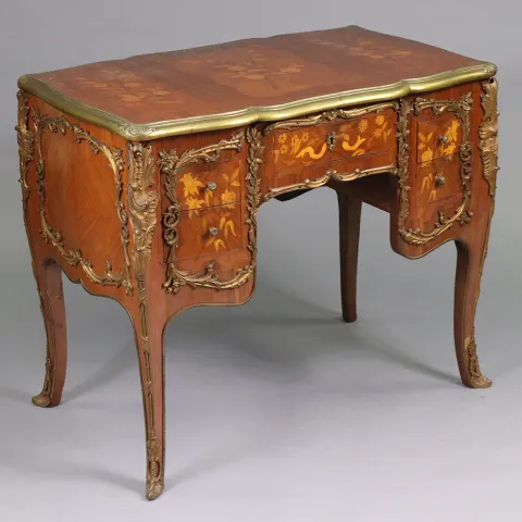 Louis XV style Marquetry Inlaid Brass Bound Desk
