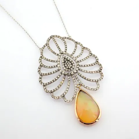 18K Rose and White Gold Necklace Detailed With Opal and Brilliant Diamonds
