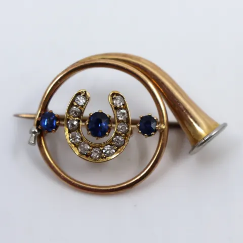 Edwardian Diamond & Sapphire Gold Hunting Horn Brooch