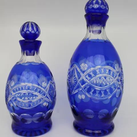 Pair of Blue Overlay Crystal Decanters