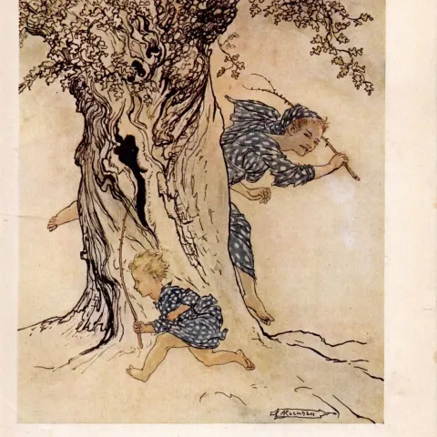 Chasing Fionn Around The Tree 1924 Irish Fairy Tales Arthur Rackham.