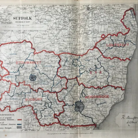 Antique 139 Years-Old Scarce Map County Suffolk 1885 Boundary Changes.