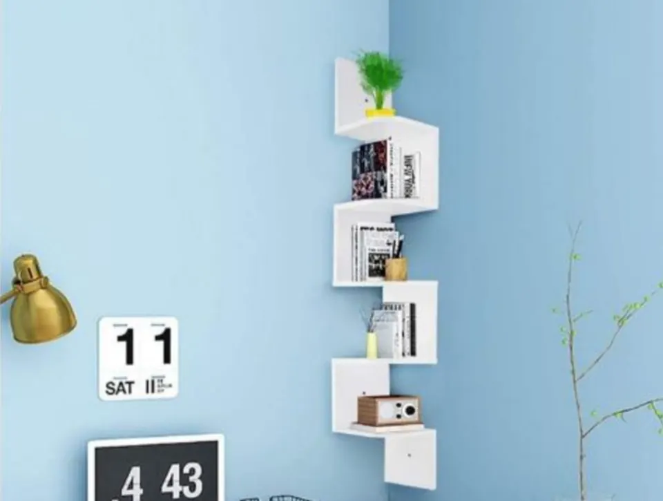 Tiers Zig Zag Wall Corner Shelf Unit Wall Mounted Wood Shelving Bookcase Storage Display Organize...
