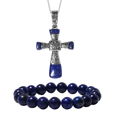 NEW! 2 Piece Set - Lapis Lazuli Stretchable Bracelet & Cross Pendant
