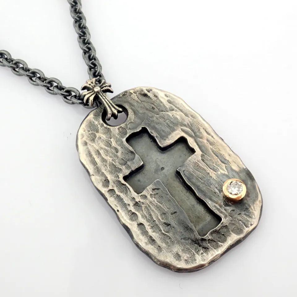 Cross Necklace Detailed With Brilliant Diamonds and 18k Gold On Silver