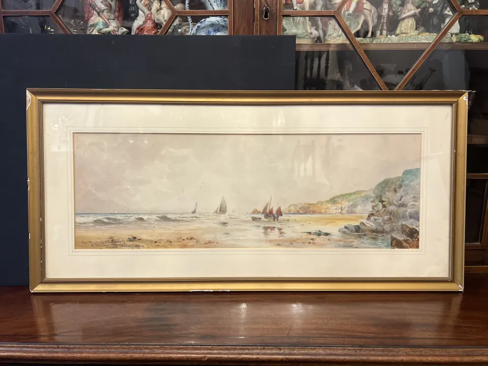 C19th Watercolour of Cornwall coast in gilt frame