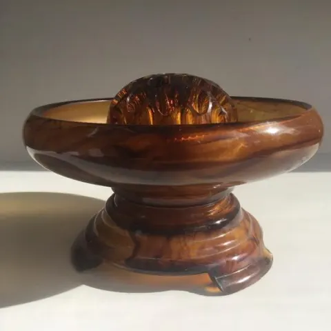 Davidson, Art Deco Cloud Glass Trio In Amber, Posey Bowl, Pedestal & Frog, Circa 1930 No2