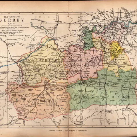 County Surrey 1895 Antique Victorian Coloured Map.