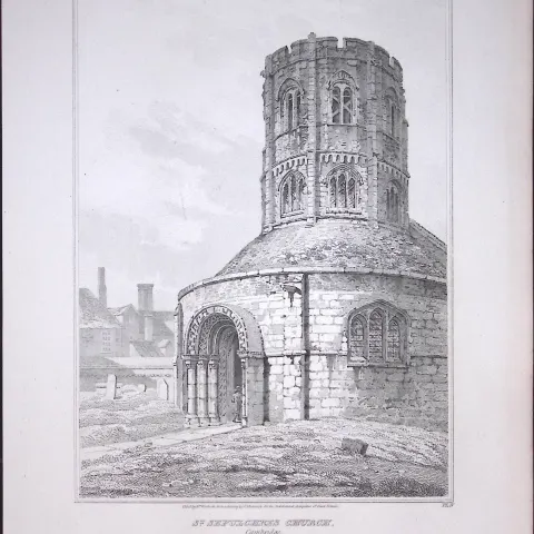St Sepulchres Church Cambridge 190 Years-Old John Britton Antique Steel Engraving-186
