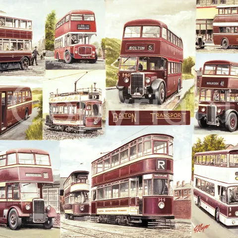Bolton Transport  Nostalgic Trams & Bus Montage Large Metal Wall Art.