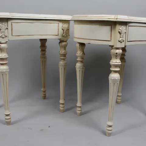 Pair of Cream Decapé Console Tables with Drawers