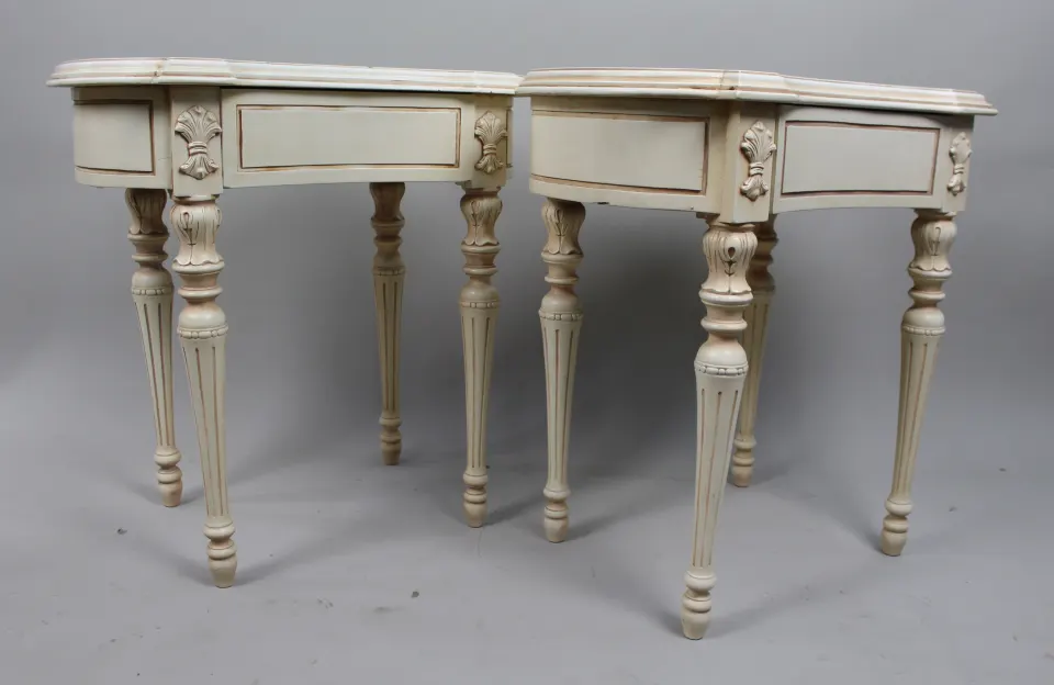 Pair of Cream Decapé Console Tables with Drawers