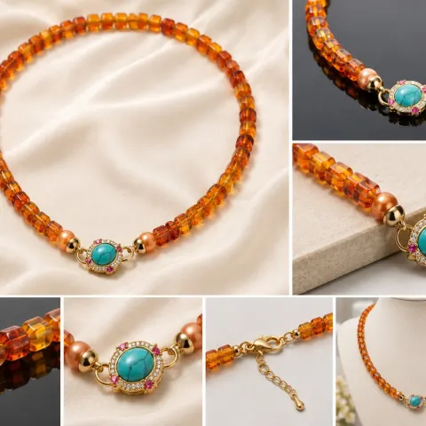 Amber-Style Beaded Necklace with Turquoise Centrepiece