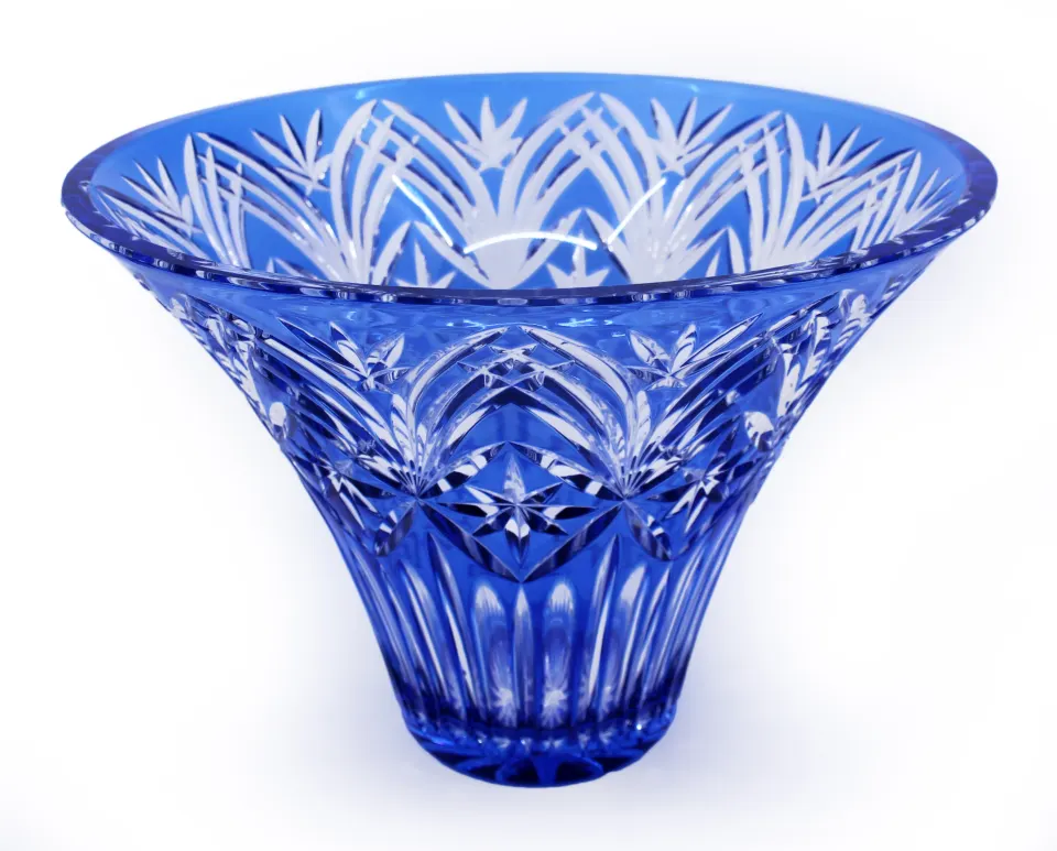 Fine Large Bohemian Blue Overlay Crystal Centrepiece Vase