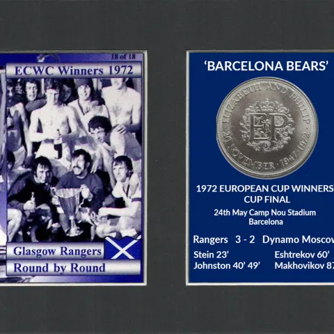 Champions Rangers FC Wins 1972 ECWC Mounted Card & Coin Metal Art Display