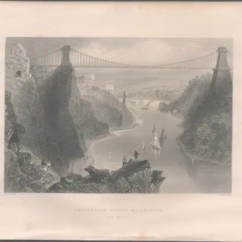 Bristol Clifton Suspension  Antique 1842 Steel Engraving.