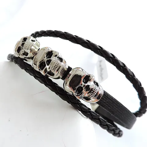 Aethon Men's Leather Braided Triple Skull Bracelet 'New'