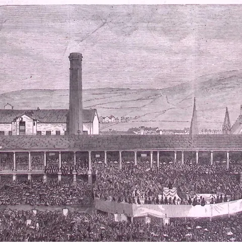 The Piece Hall Halifax Yorkshire 1866 Half-Page Antique Woodcut Print.
