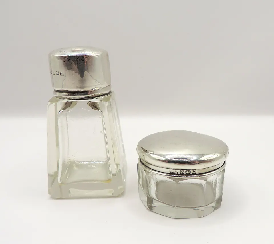 Antique Silver Cut Glass Perfume Bottle & Pill Box
