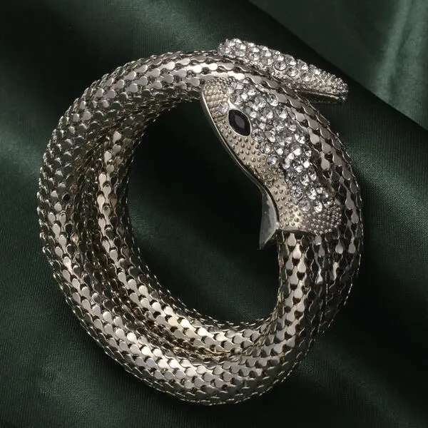 NEW!! White Austrian Crystal and Simulated Black Spinel Snake Bracelet in Silver