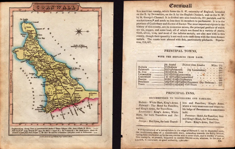 Cornwall Engraved Hand Coloured George IV Antique Map & Text.