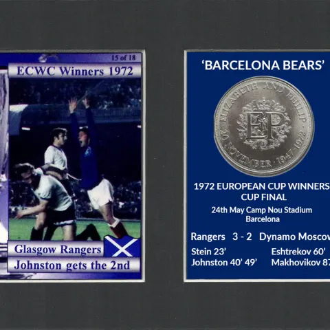 Johnston Gets The 2nd Rangers FC Wins 1972 ECWC Mounted Card & Coin Metal Art Display