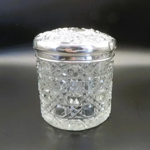  Victorian Cut Glass Sterling Silver Lid Dressing Table Vanity Jar Birmingham 1902