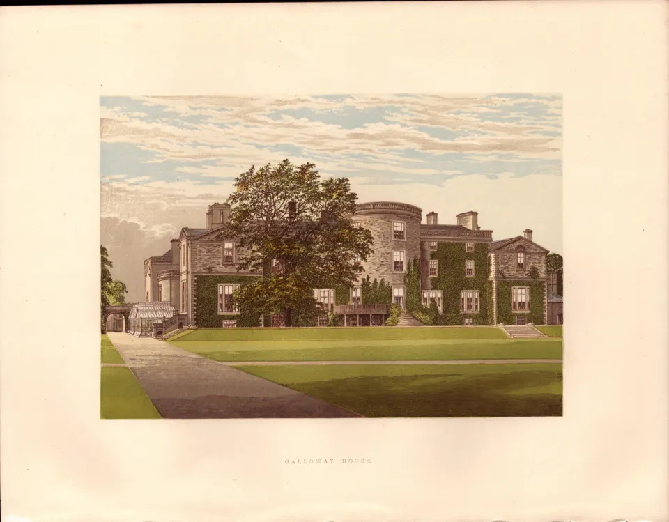 Galloway House Sorbie Dumfries Scotland Coloured Antique Book Plate.