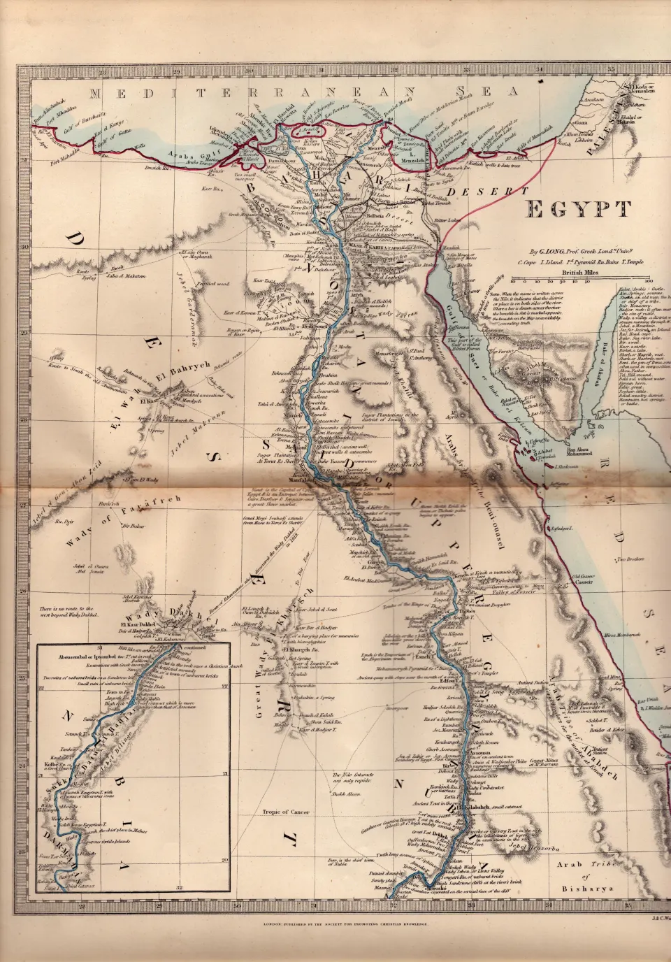 Egypt Antique Coloured Detailed Victorian c1850 Map.