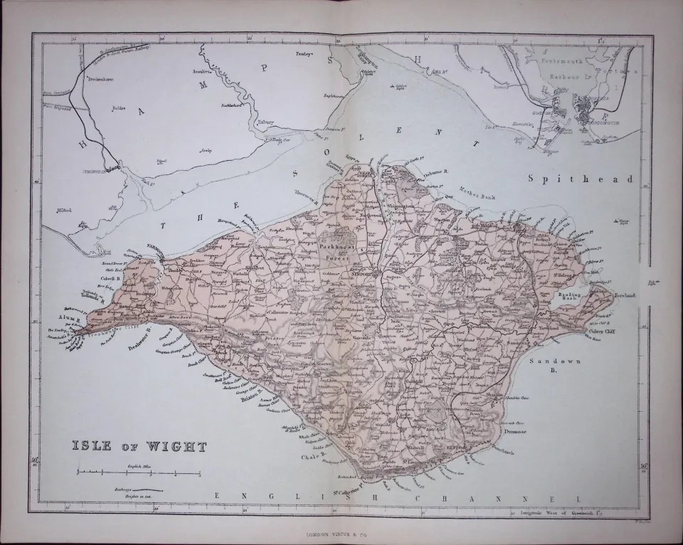 Isle of Wight 150 Years-Old 1875 Coloured Detailed Antique 1875 Map-45