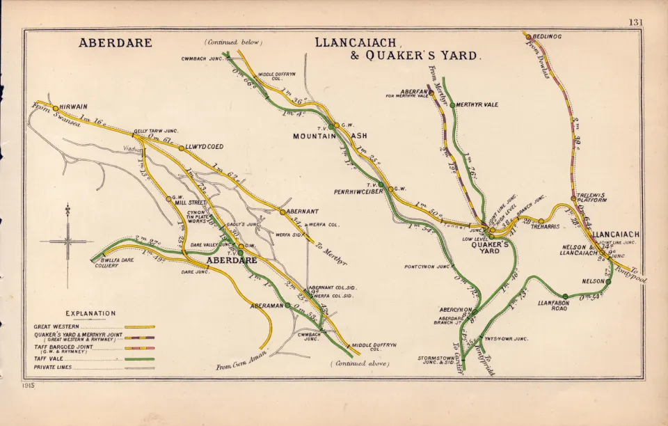 Aberdare Llancaiach Quaker’s Yard Wales Antique Railway Diagram 131.