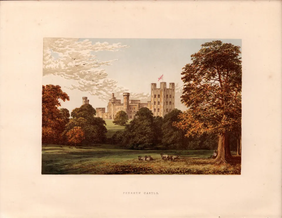 Penrhyn Castle Cornwall Victorian Gilt-Edge Coloured Antique Book Plate.
