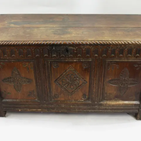 17th Century English Carved Oak Coffer with Foliate and Lozenge Panels